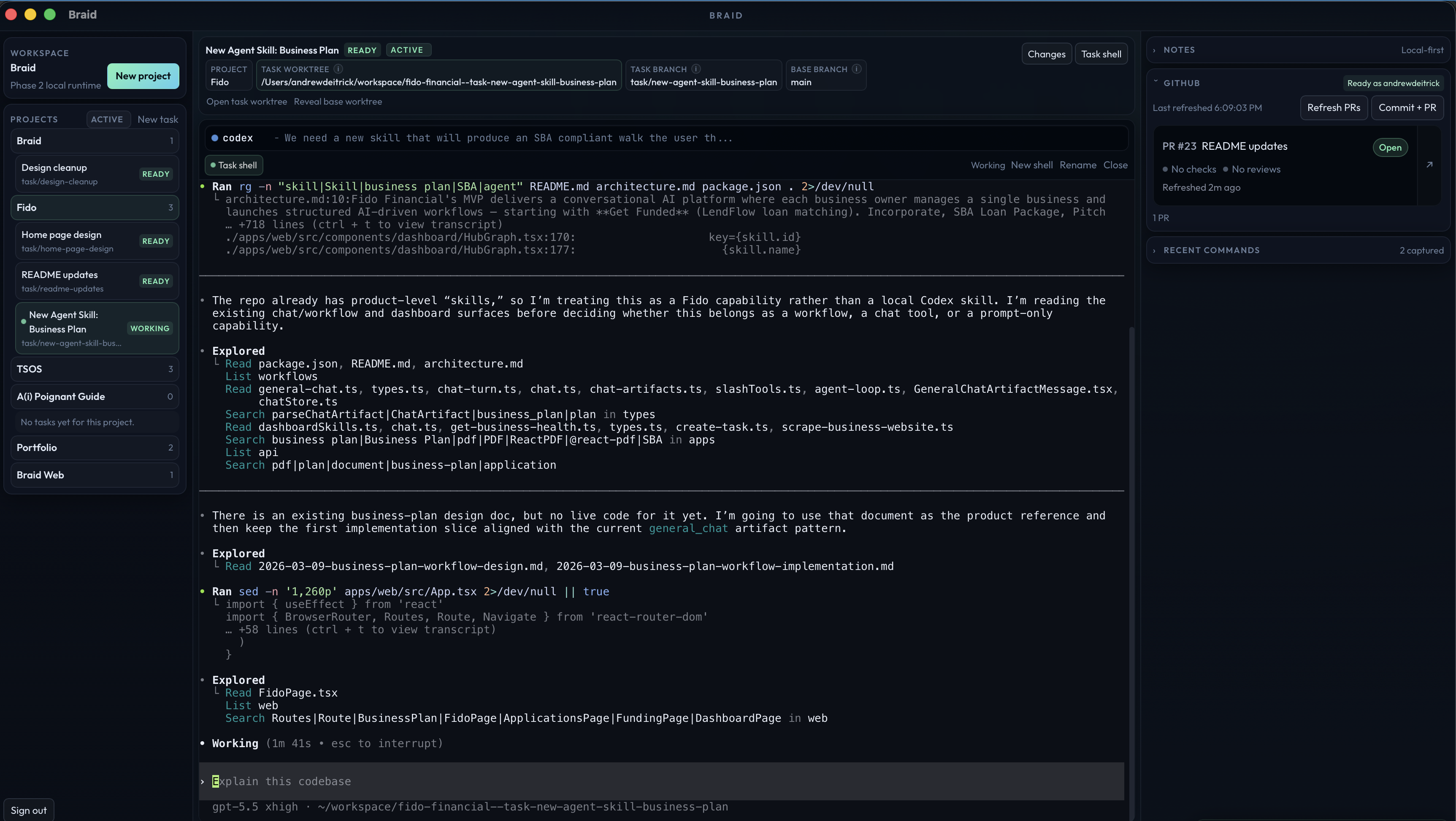 Braid showing parallel agent terminals across isolated git worktrees with live GitHub PR context