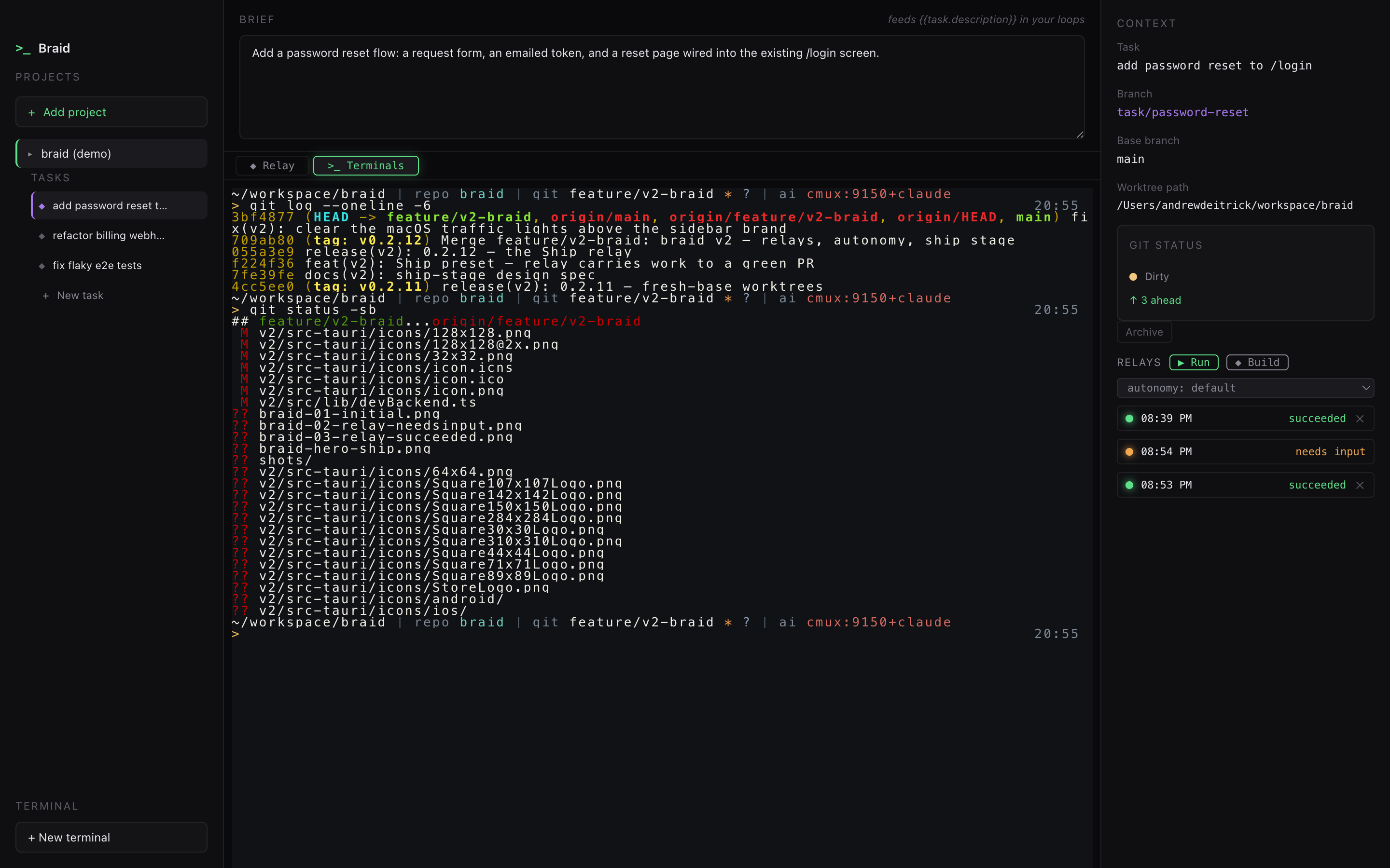 A real terminal running inside a task's git worktree, showing live git history and status